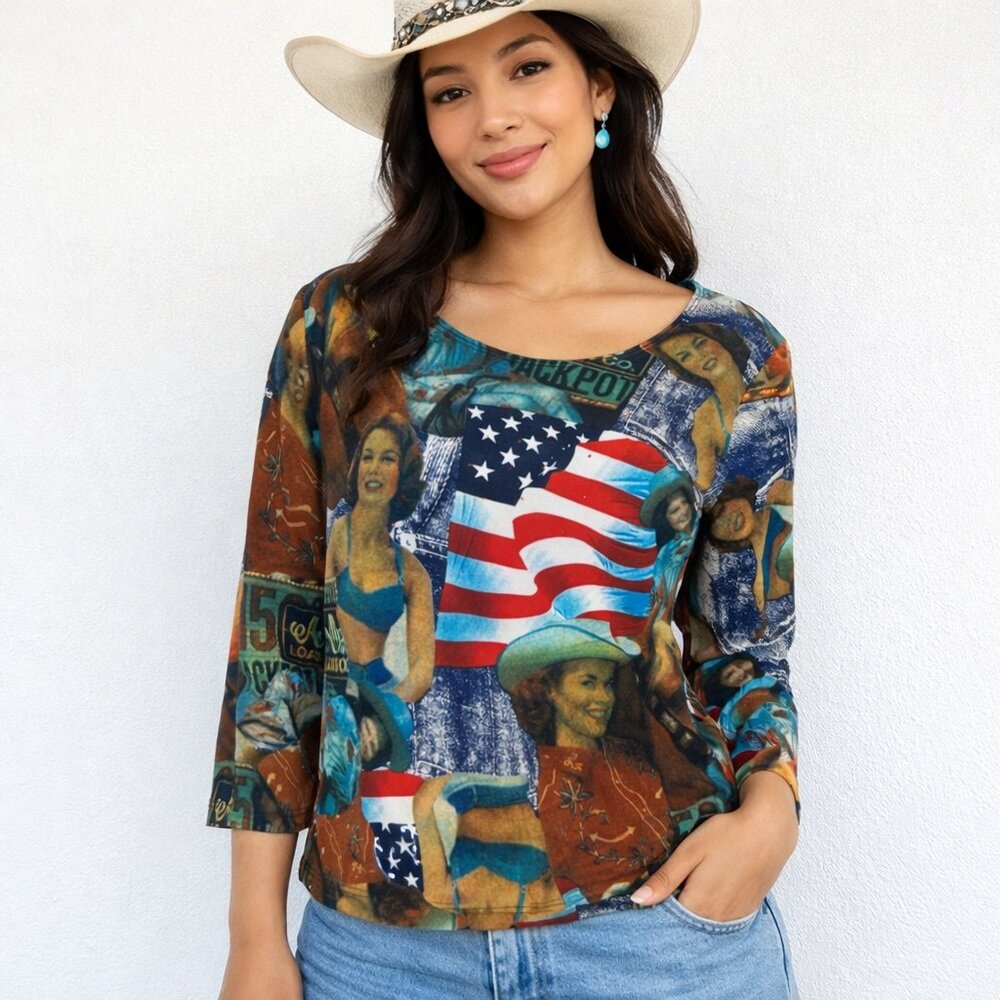Jessica Max Womens Top M Western Cowgirl Americana Flag Graphic 3/4 Sleeve